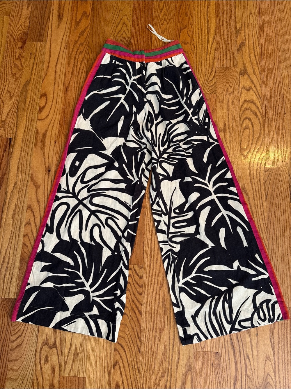 FARM Rio Black & White Tropical Leaf Wide-Leg Pants with Pink Trim